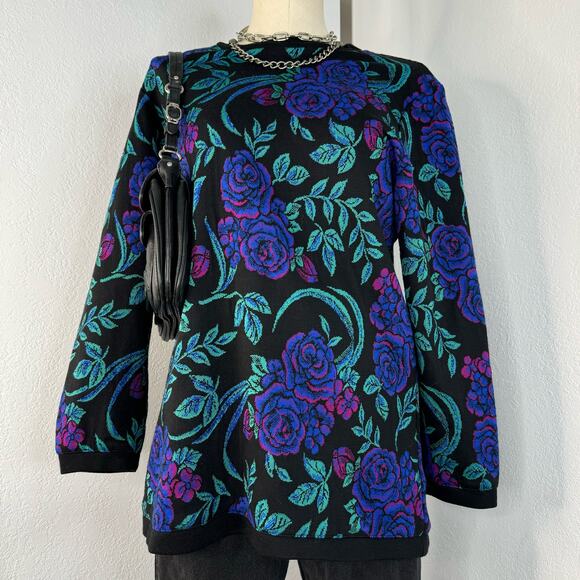 Vintage 80s Neon Rose All Over Print Flower Sweater Medium Pop Art - Picture 1 of 8